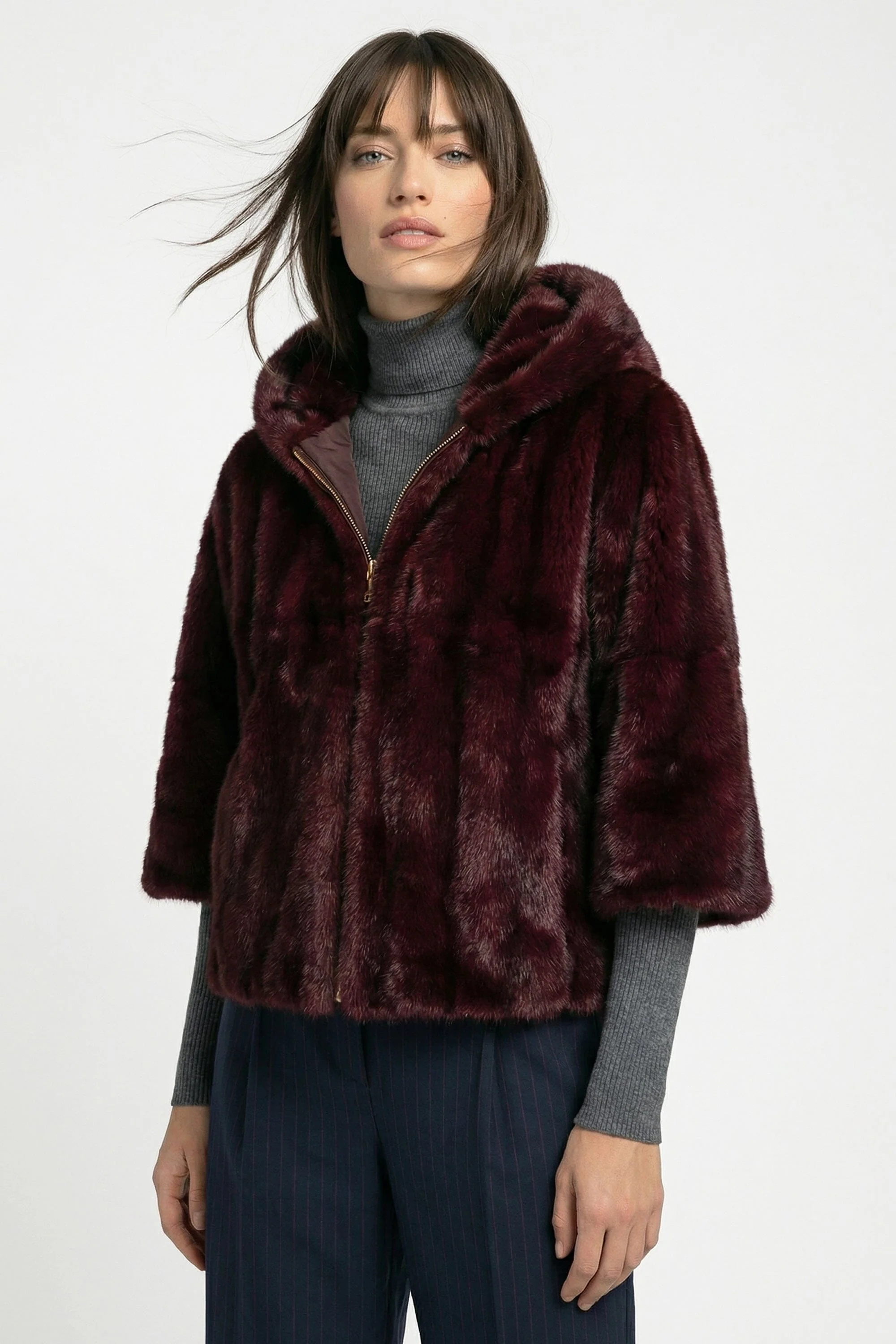 PONCHO FAUX FUR - MARINA - LIE DE VIN - Image 3